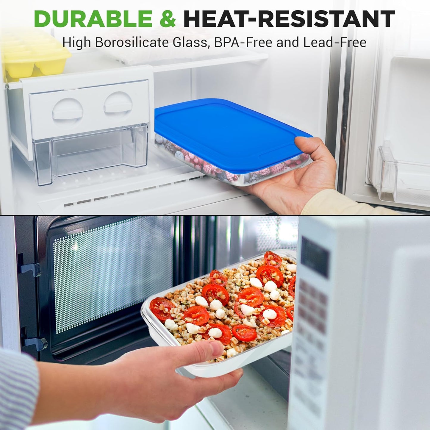 NutriChef 8-Piece Glass Baking Dish Set with Lids – Stackable Rectangular Bakeware for Lasagna, Casserole, Meatloaf, Leftovers & Storages– Oven, Freezer & Dishwasher Safe, BPA Free lid (Blue)