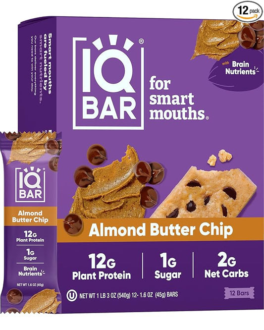 IQBAR Brain and Body Plant Protein Bars - Almond Butter Chip - 12-Count Low Carb - Gluten Free, High Fiber, Vegan Snacks - Low Sugar Meal Replacement