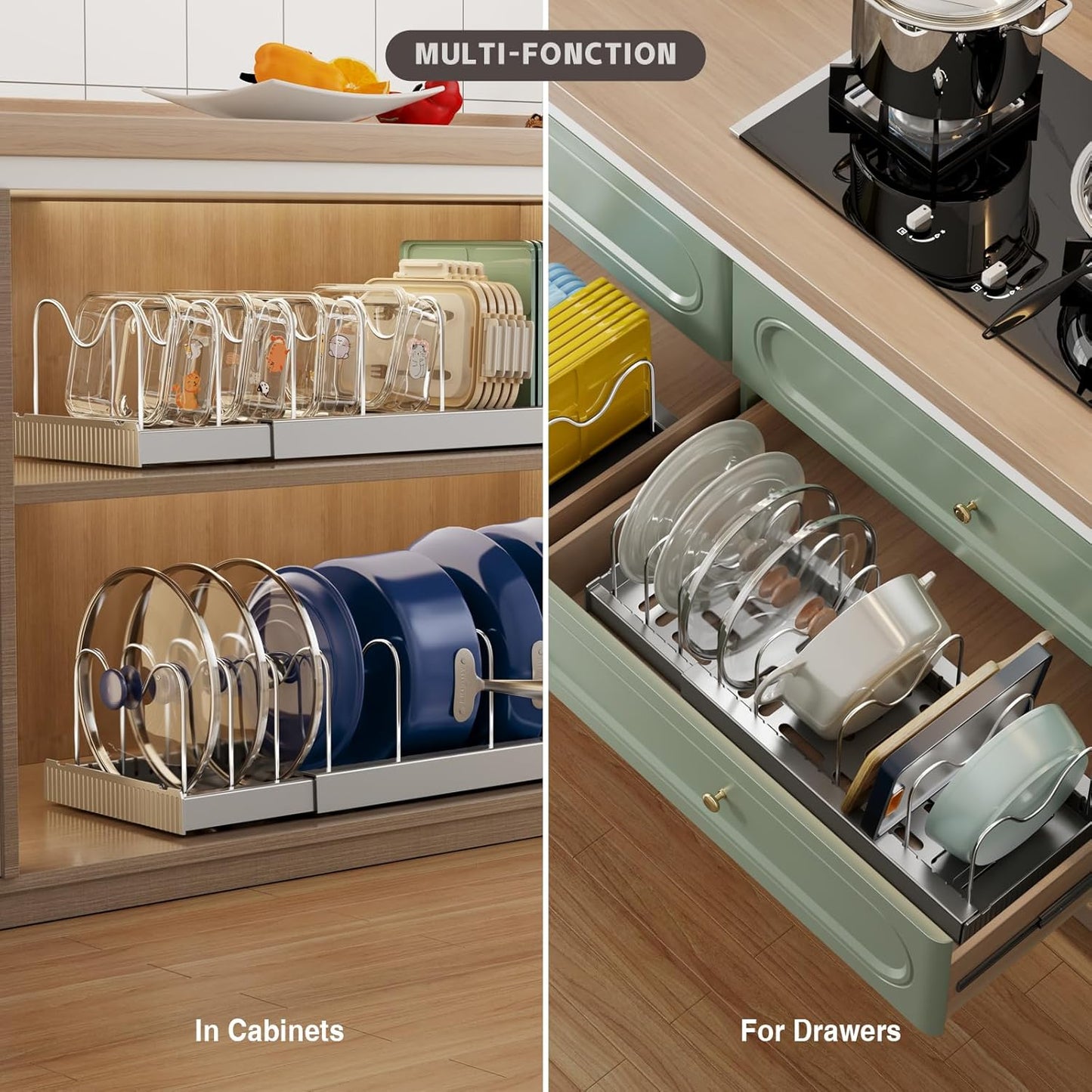 2 Pack Expandable Food Storage Container Lid Organizers, 22" Pots and Pans Organizer Under Cabinet with 9 Adjustable Dividers Pot and Pan Lid Holders Rack Inside Cabinet(Gray)