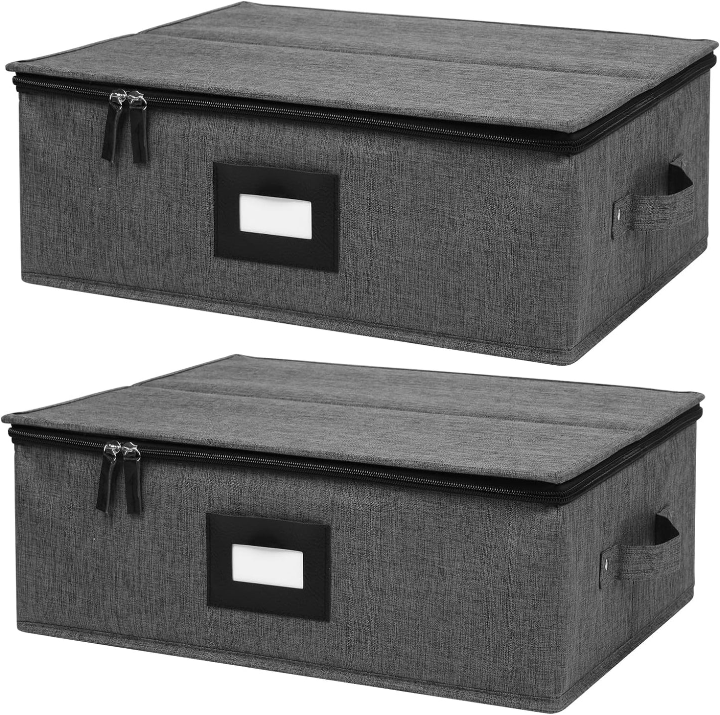 Cup and Mug Storage Box 2Pack, China Storage Containers for 12 Tea Cups or Coffee Mugs with Zipper Lid and Rivet Reinforced Handles, Hard Shell and Stackable (Black)