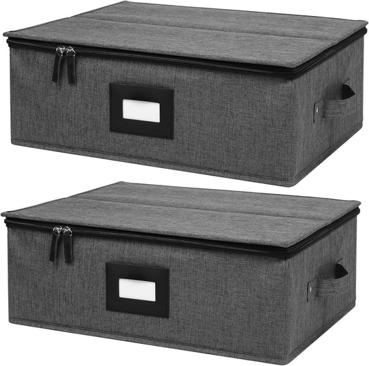 Cup and Mug Storage Box 2Pack, China Storage Containers for 12 Tea Cups or Coffee Mugs with Zipper Lid and Rivet Reinforced Handles, Hard Shell and Stackable (Black)