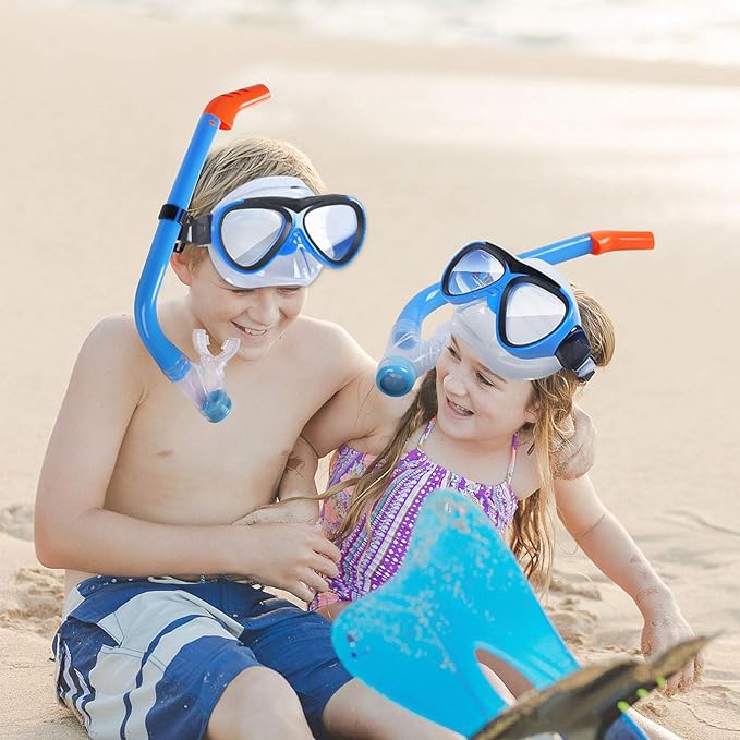 GreenLF Kids Snorkel Set, Anti-Fog Snorkeling Mask with Nose Covers for Youth Junior Child, Boys & Girls Age 5-12, Semi-Dry Diving Scuba Swimming Goggles Gear Packages