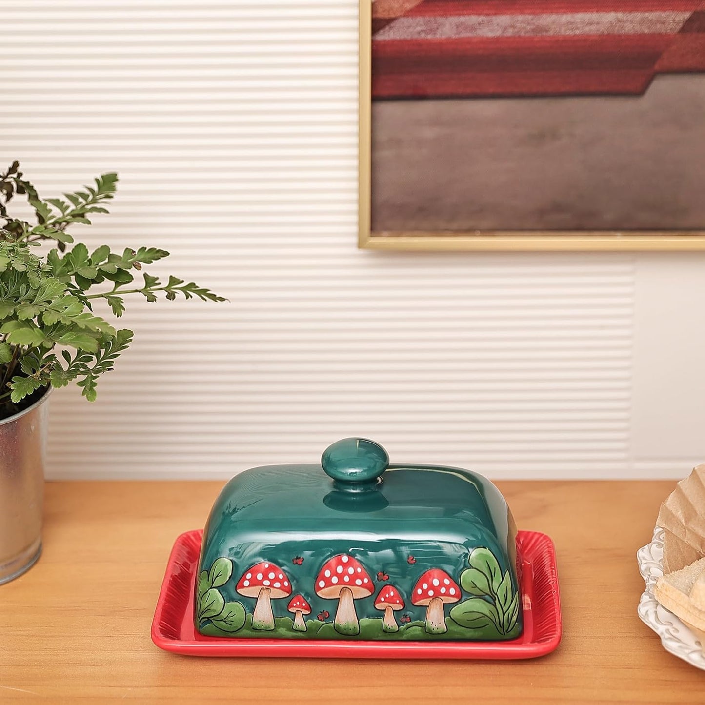 Fungi Fun Mushroom Butter Dish With Lid – Cute Cottagecore Ceramic Storage Container, Vintage French Covered Tray, Boho Farmhouse Kitchen Decor Gift, Unique Countertop Holder (Dark Green, Standard)