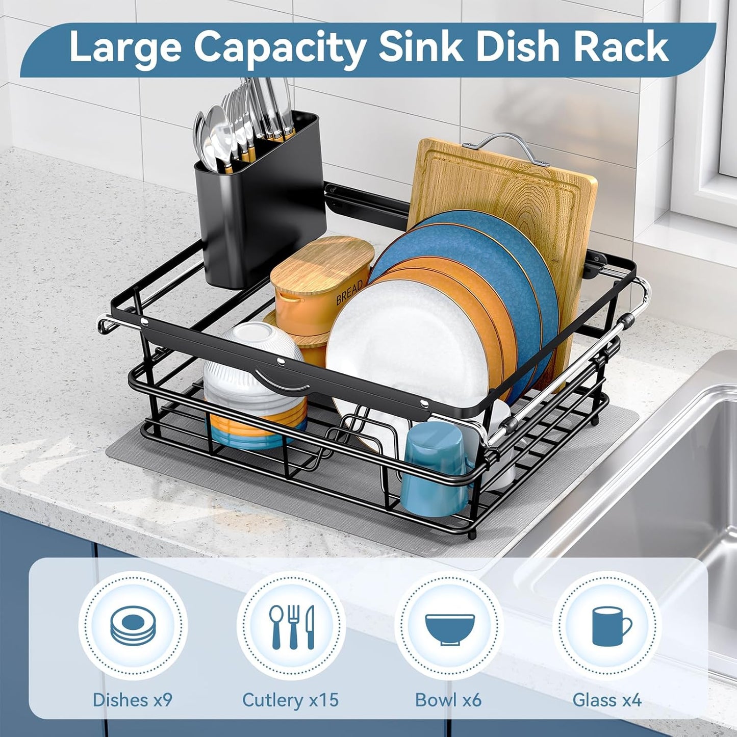Over the Sink Dish Drying Rack,In Sink Dish Drying Racks,Expandable Dish Rack Over Sink Counter,Adjustable Dish Drainer for Inside Sink with Utensil Holder, Stainless Steel Dish Strainer XLarge Size