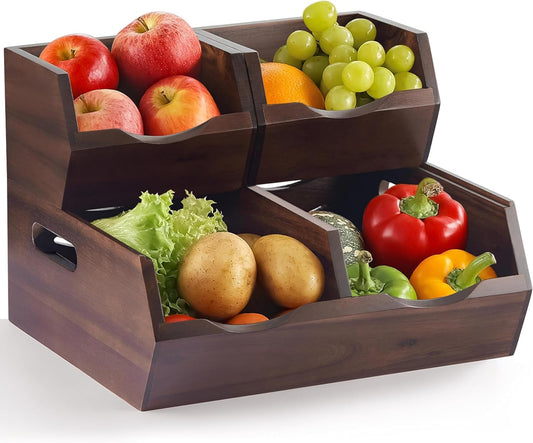Acacia Wood Pantry Storage Bins - Stackable Open Front Kitchen Baskets with Airflow Vent for Potato, Onion, Fruit, Vegetable, and Bread Storage, Wood Organizer for Pantry and Countertop