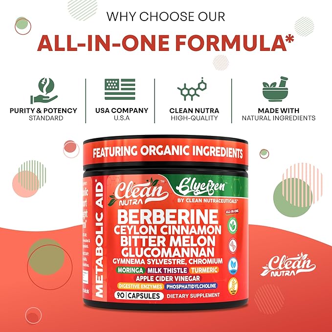 Clean Nutra Berberine Ceylon Cinnamon Bitter Melon Glucomannan Gymnema Sylvestre Chromium Moringa Milk Thistle Turmeric Apple Cider Vinegar Digestive Enzymes Inositol Supplement 90 Capsules