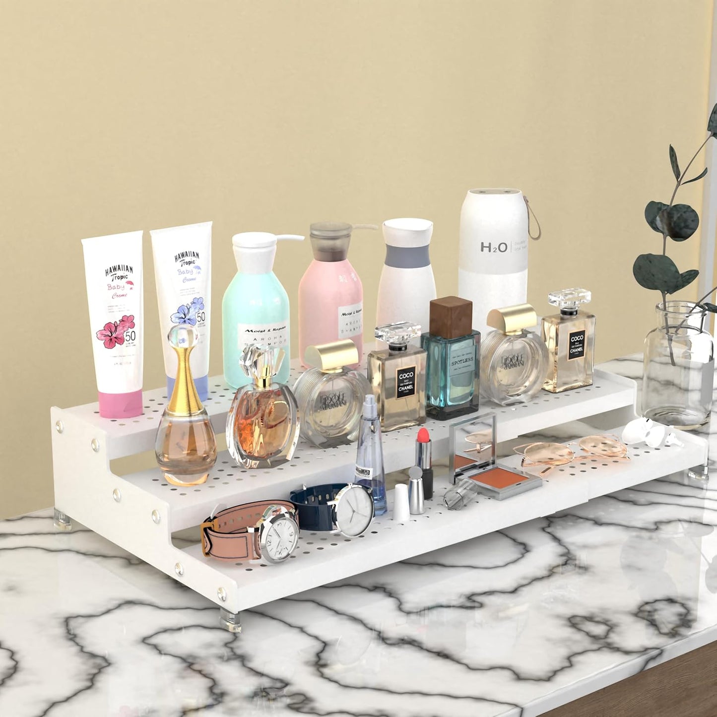 Expandable Spice Rack organizer with 3-Tier step shelf,Modern Design heavy duty,Non Skid and Visibility,Great for Kitchen Cabinet,Bathroom,dressing table,Cupboard, Pantry and more(1PACK/WHITE)