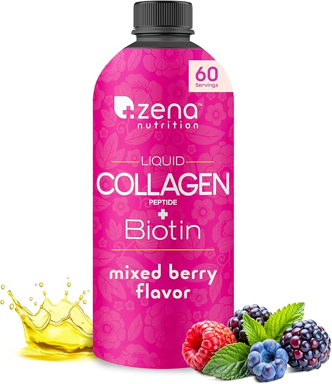 Zena Nutrition Liquid Collagen Peptides and Biotin, 2500mg Verisol Bioactive Collagen Peptides, 5000mcg Biotin, Hair, Skin, Nail Supplement for Women and Men, Mixed Berry, 60 Servings, 20.3 fl oz