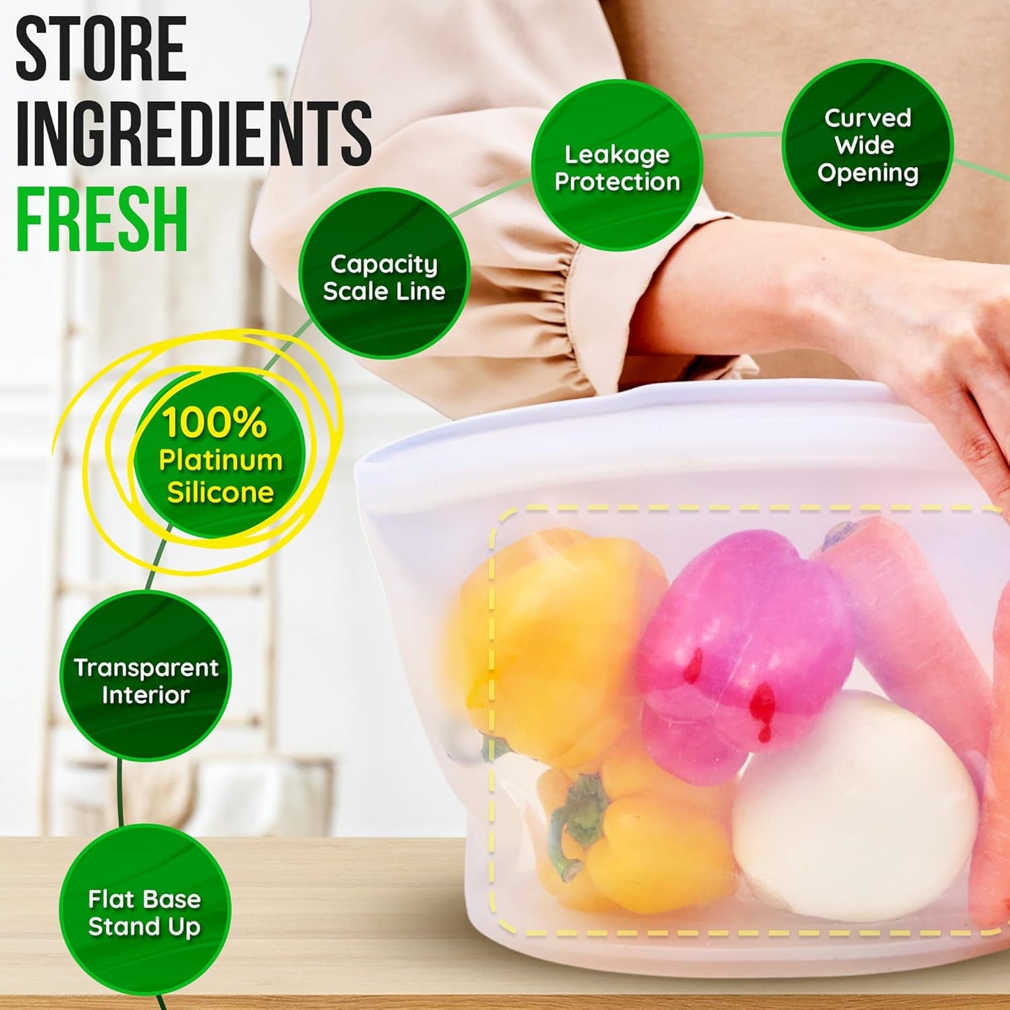 Reusable Silicone Food Storage Bags 3Set Airtight food Storage Containers Food Grade Silicone Snack Bags, BPA Free Food Storage Container, Microwave Safe, Sous Vide Container, Rose, 17oz+29oz+51oz
