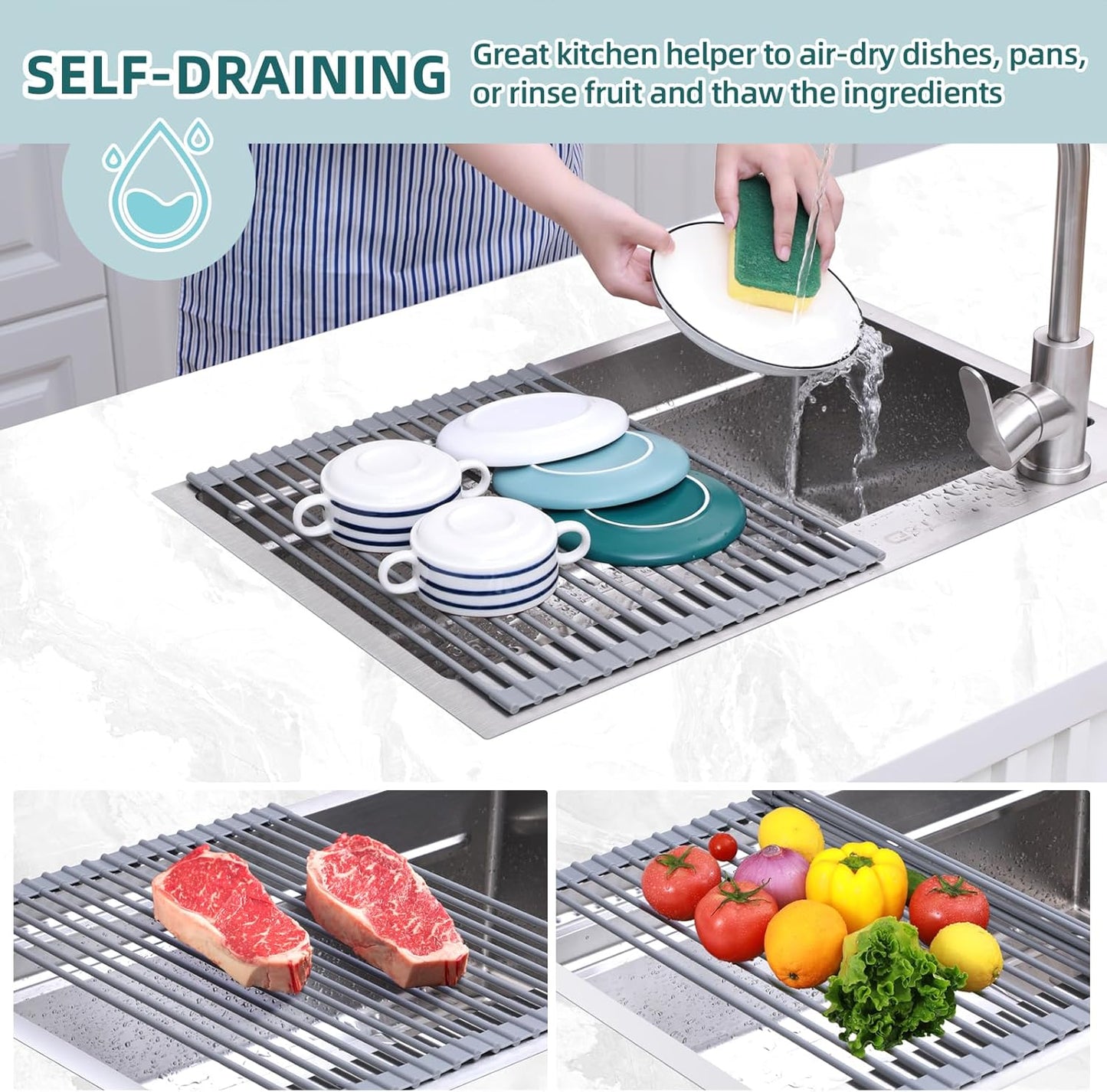 Ohuhu Roll Up Dish Drying Rack, Over The Sink Multipurpose Roll-Up Dish Racks, 16.5" W x 13" L Rolling Heat-Resistant Anti-Slip Silicone Coated Dish Drainer Portable Foldable for Kitchen Counter
