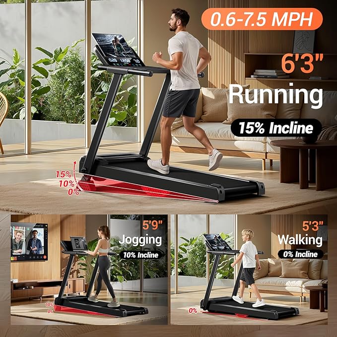 Treadmills for Home, 15% Incline Treadmill, Folding Treadmill Filpped Screen and Heart Rate Sensor, 3.0HP Quiet Brushless Dual Cushion System, 300lbs Weight Capacity