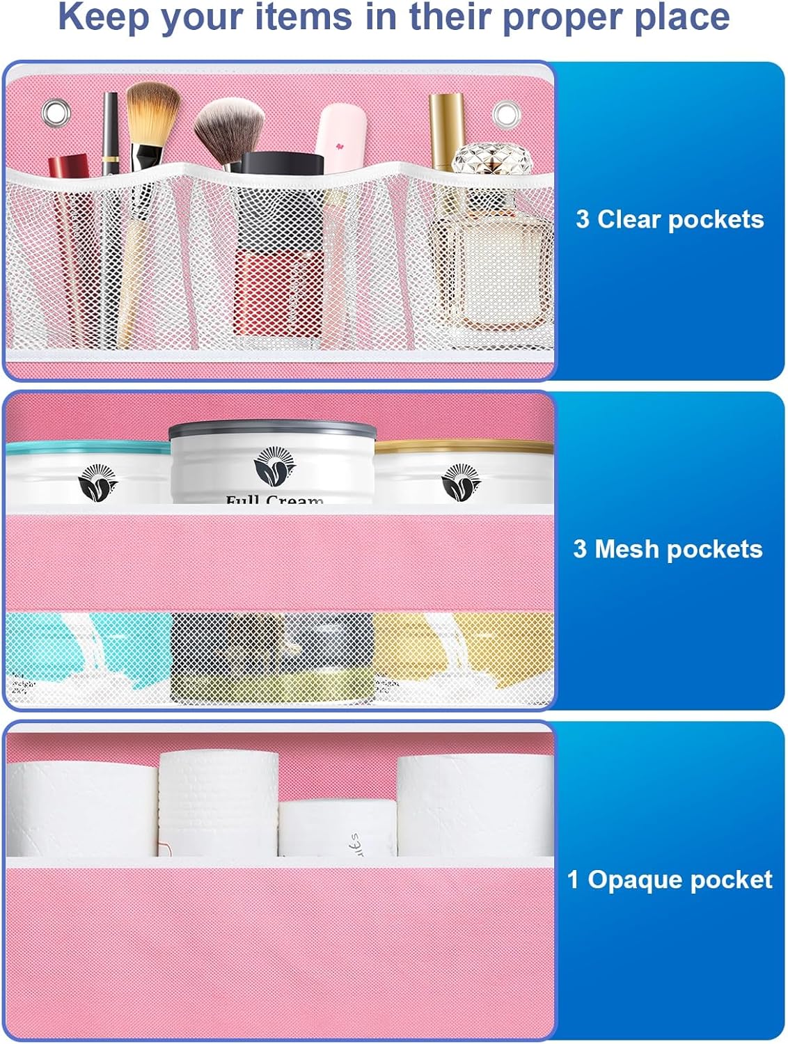2 Pack Over The Door Organizer, Hanging Storage Organization with Large Capacity Pockets, Swing-Proof Behind Door Storage Shelf for Kicthen Bedroom Nursery Kids Toys Shoes,Pink