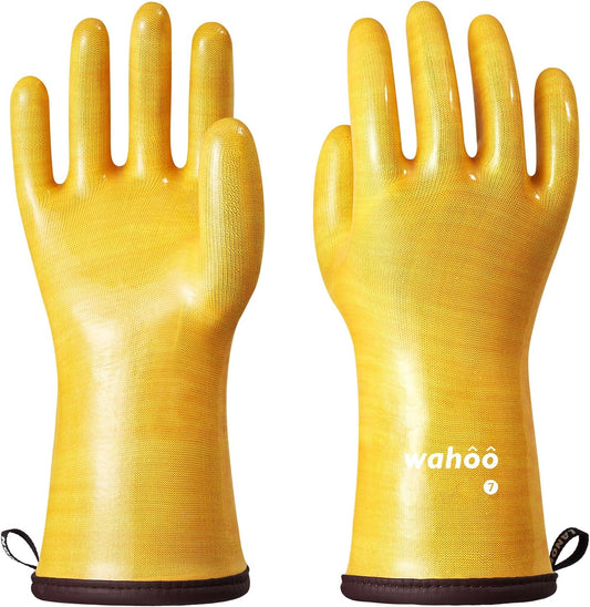 wahoo Professional Liquid Silicone Oven Mitts Gloves, Heat Resistant Gloves for Cooking, Baking, CoralAir Liner, 12 Inch, Yellow, XXL