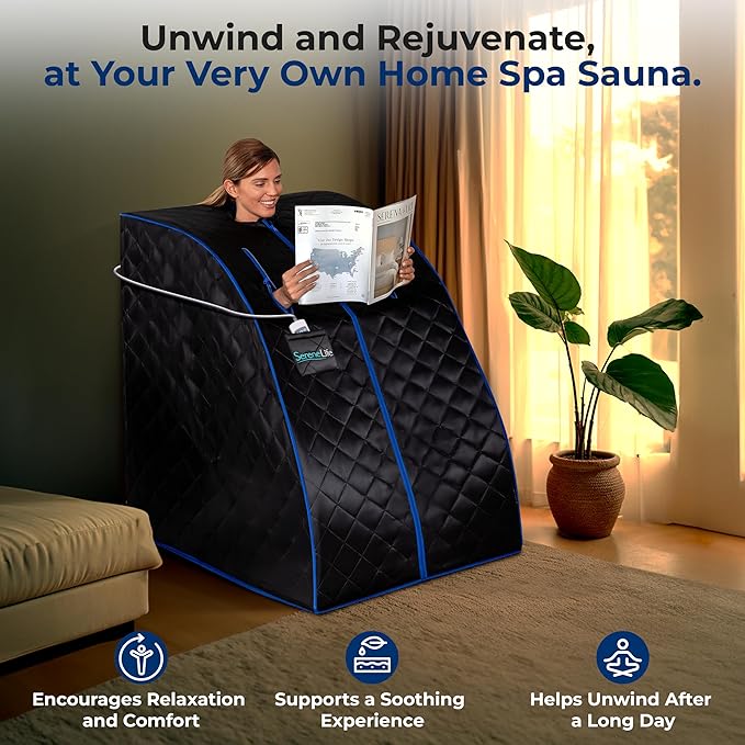 SereneLife Compact & Portable Infrared Steam Sauna, Personal Spa Style Sauna for at-Home Relaxation and Rejuvenation, Easy Access Sit-in Design, Foldable Chair, Energy Efficient, Foot Pad Heating Mat