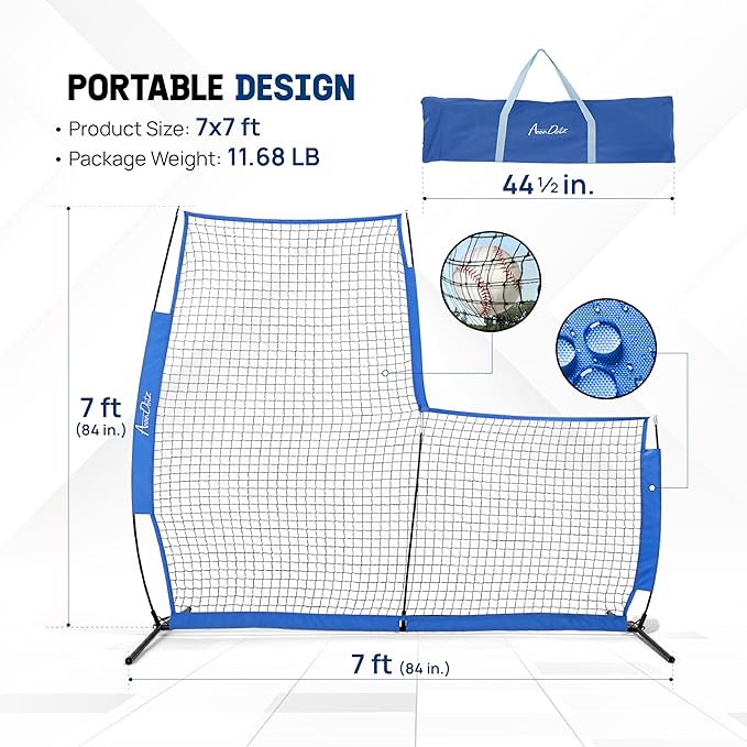 Yes4All Portable L-Screen Baseball 7x7ft with 2 Baseballs, Rubber Wheels - L Screen Baseball for Batting Cage, Protective Pitching Screen Net Double Layers, Carry Bag Included