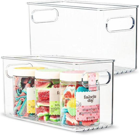 2 pack Clear Plastic Storage Container Bin with Integrated Easy Grip Handles. For Kitchen, Fridge, Freezer, Cabinet, Pantry, Bathroom Organization. 10"x4"x5"