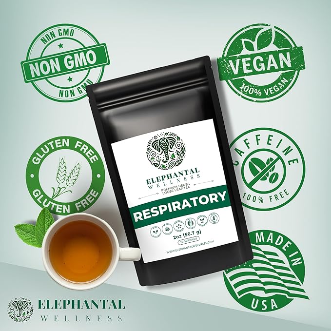 Elephantal Wellness Premium Respiratory Herbal Tea | Lung Detox, Mucus Cleanse & Breathing Support with Mullein, Eucalyptus, Thyme & Lungwort | Handmade, Caffeine-Free, Non-GMO Loose Leaf Blend, 2oz, 20 Servings