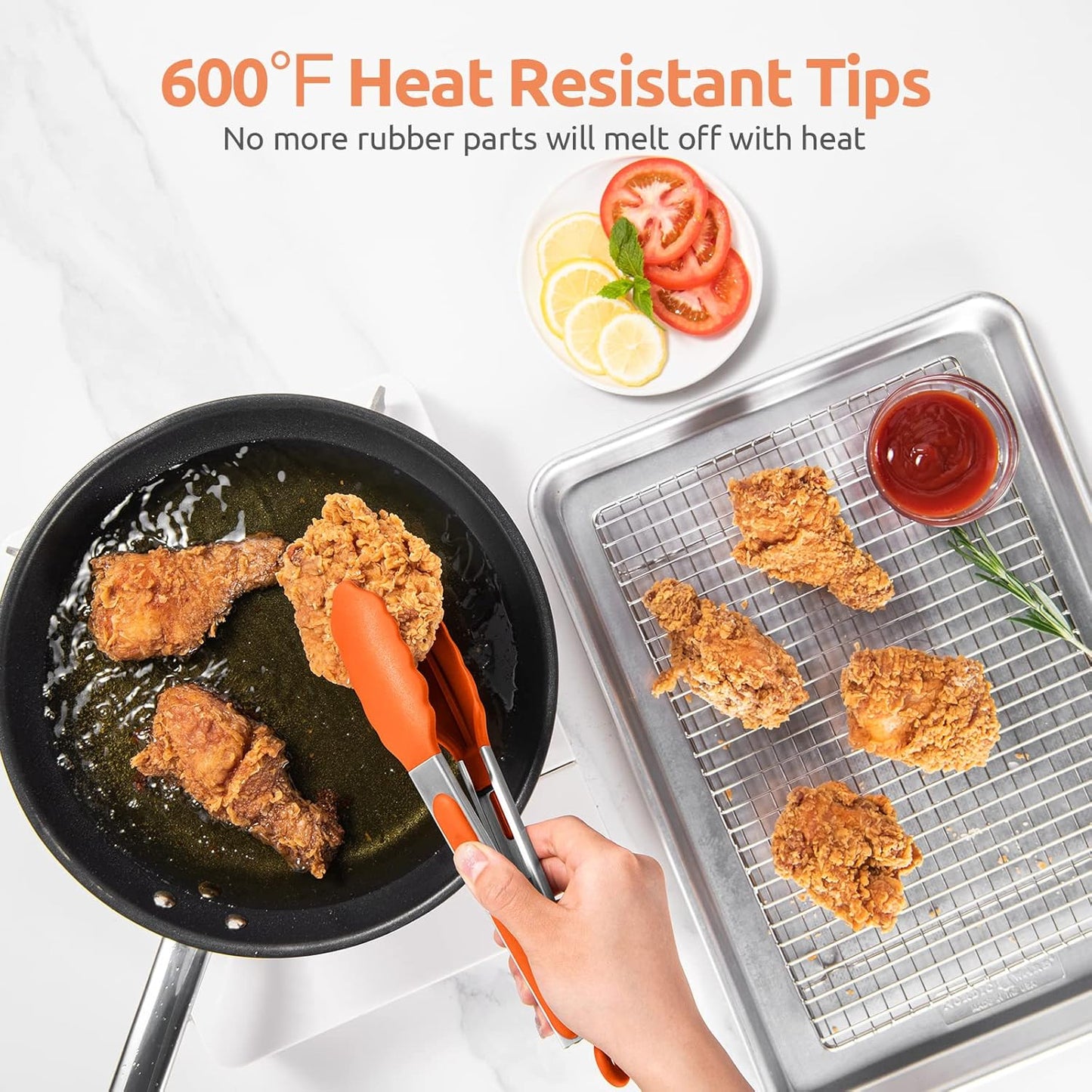 600ºF Heat Resistant Kitchen Tongs: U-Taste 9 inch Silicone Cooking Tong with Firm Sealed Non Stick Rubber Tips & Silicon Coated 18/8 Stainless Steel Handle & Smooth Locking for Serving Grill (Orange)