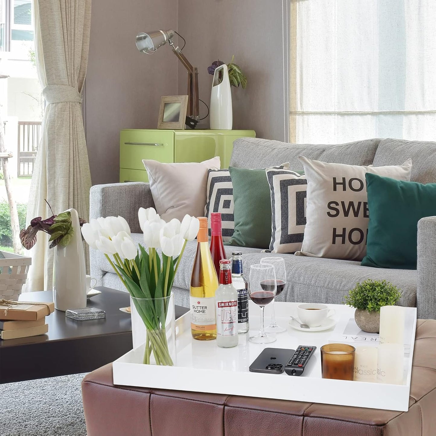 24×24 Inches Glossy White Acrylic Serving Tray with Handles Extra Large Ottoman Tray Decorative Trays Spill-Proof Coffee Table Space Saver Oversize Counter top Organizer Platter with Safe Edge