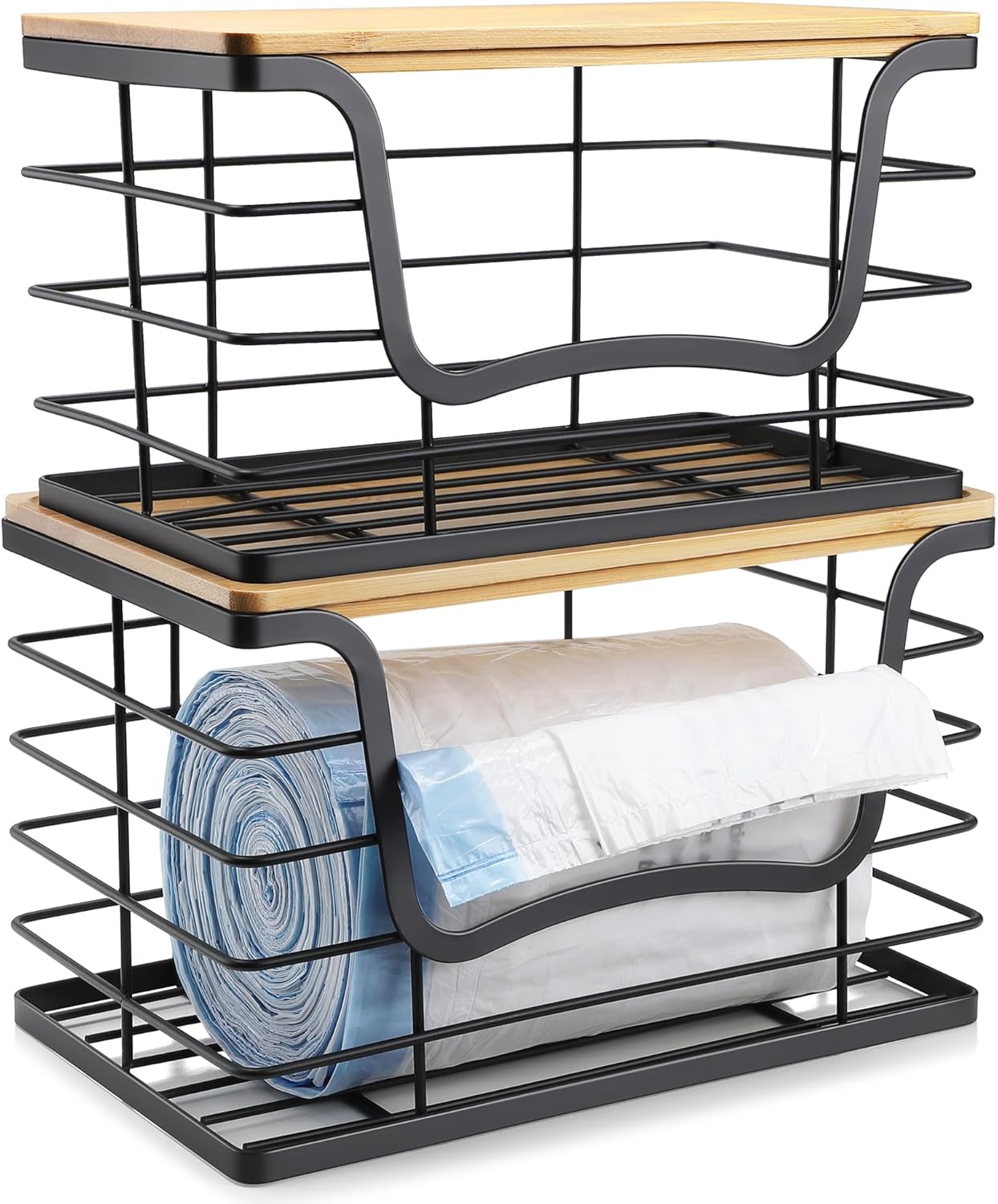 Trash Bag Dispenser Holder for Kitchen 2 Pack Laundry Room Trash Bag Holder Wall Mount Garbage Bag Dispenser Stackable Roll Holder with Bamboo Top for Countertop, Under Sink