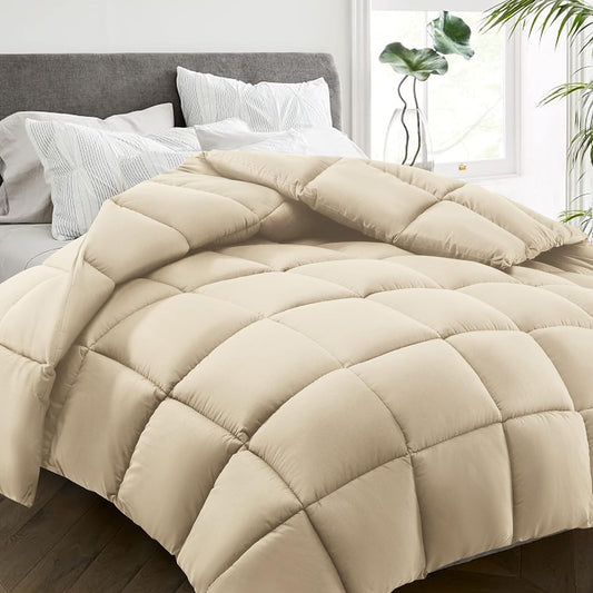 HYLEORY All Season Twin Size Bed Comforter - Cooling Down Alternative Quilted Duvet Insert with Corner Tabs - Winter Warm - Machine Washable - Beige