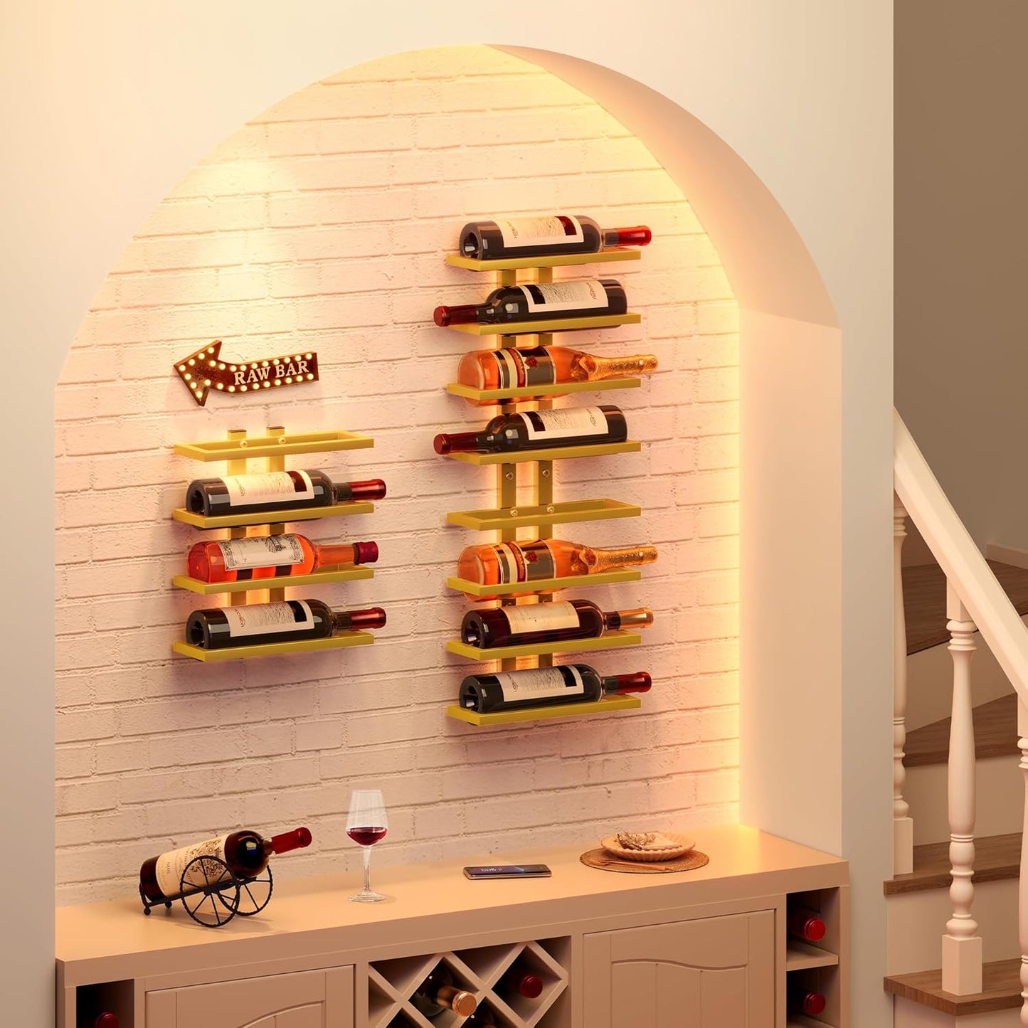 Hoctieon 8 Tier Wall Mount Wine Rack, Wall Racks for Wine Bottles Display and Storage, Hanging Bottle Organizer for Living Room, Dining Room, Wine Cellar, Bar, Gold