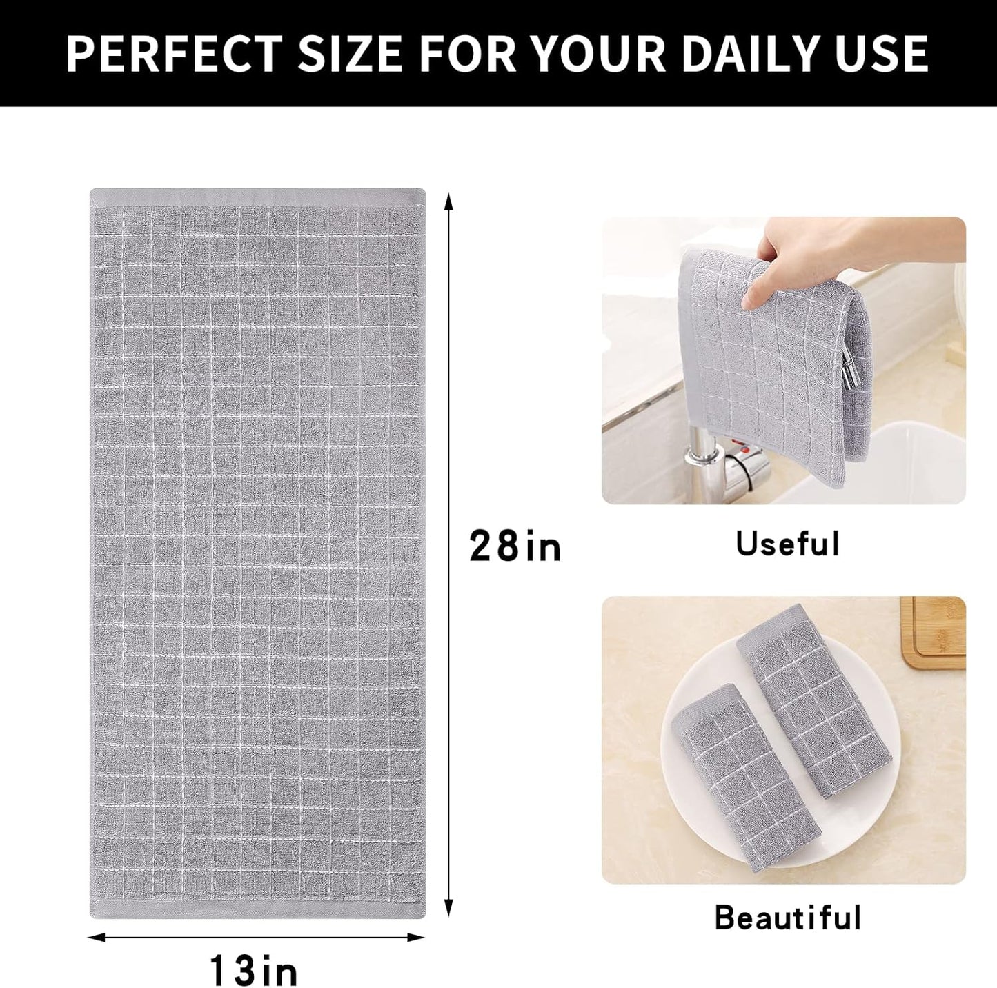 Homaxy 100% Cotton Terry Kitchen Towels(Light Grey, 13 x 28 Inches), Checkered Designed, Soft and Super Absorbent Dish Towels, 4 Pack