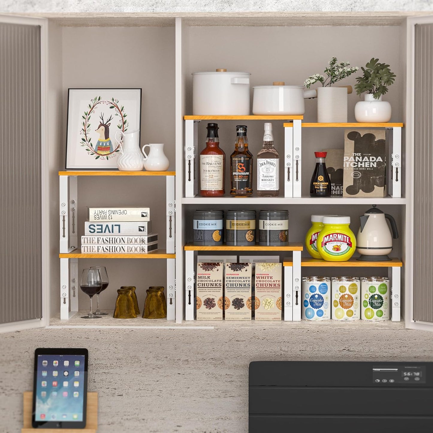 Expandable Kitchen Cabinet Organizer Shelves – Stackable Adjustable Metal and Wood Storage Racks for Countertop, Pantry, Garage Set of 2 Spice Rack – Easy Assembly, Space-Saving(1 Pack/Large/White)