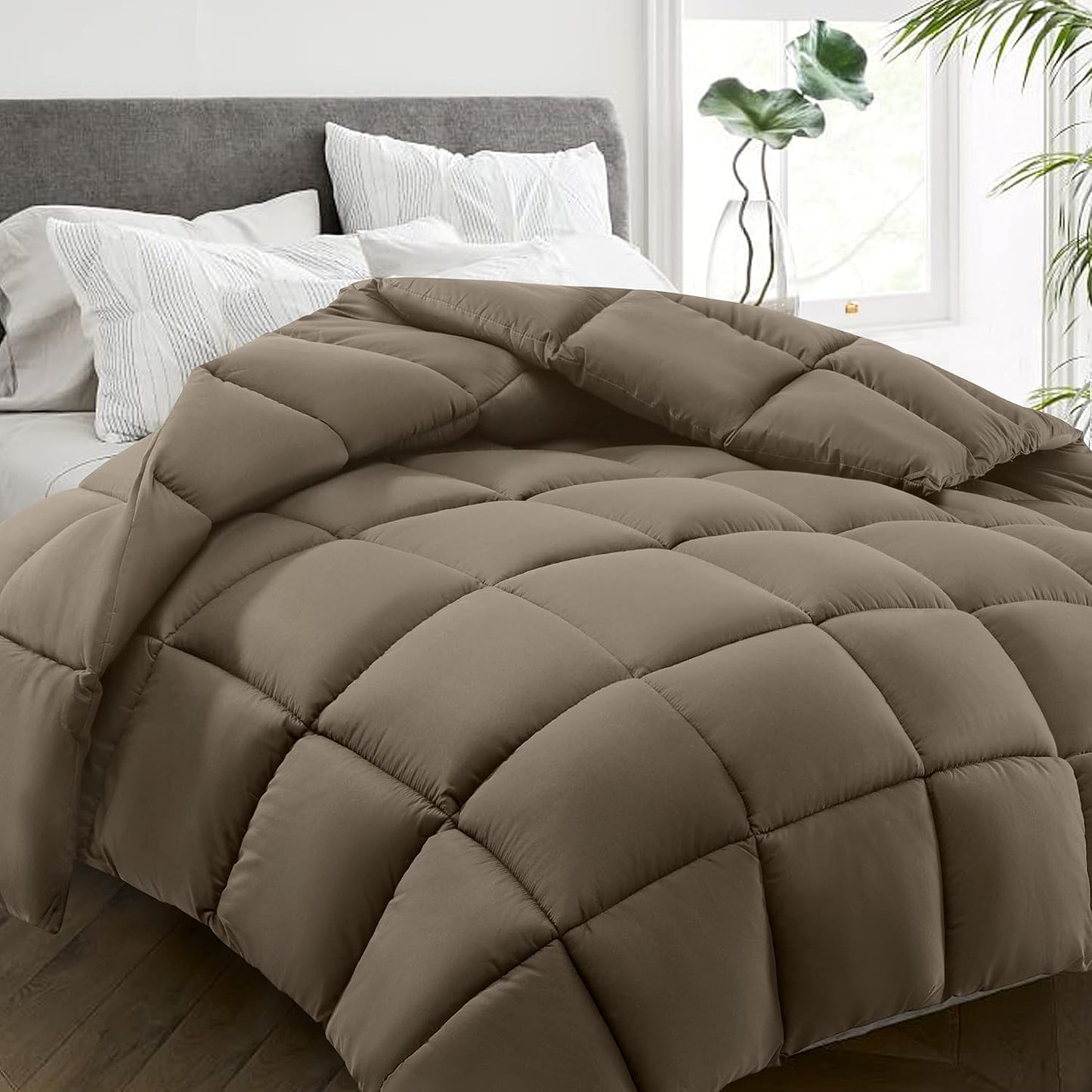HYLEORY All Season Twin Size Bed Comforter - Cooling Down Alternative Quilted Duvet Insert with Corner Tabs - Winter Warm - Machine Washable - Taupe