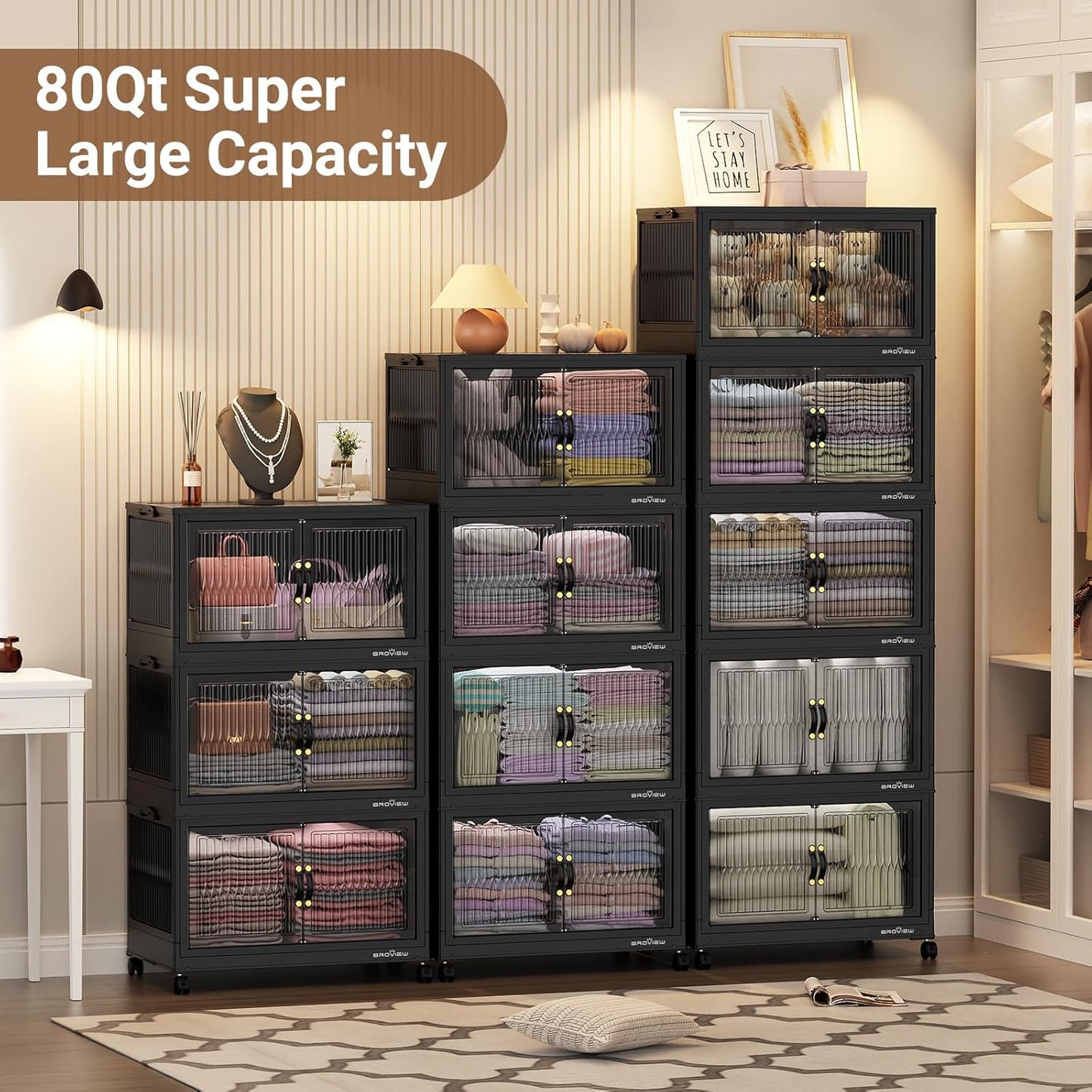 320Qt Stackable Storage Bins with Lid, Extra Large Closet Organizer Collapsible Drawer Boxes with Wheels, Folding Plastic Cabinet Containers for Home Kitchen Room Organization, 4Pack Black