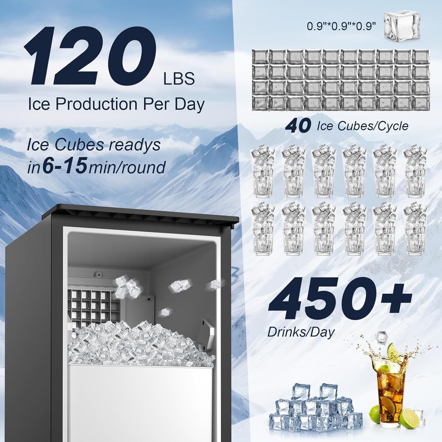 Under Counter Ice Maker Machine Commercial - 120LBS/24H with 30lbs Ice Storage Bucket & Reversible Door, Built-in Freestanding Ice Machine, Automatic Cleaning/24 Hours Timer, For Home & Commercial Use