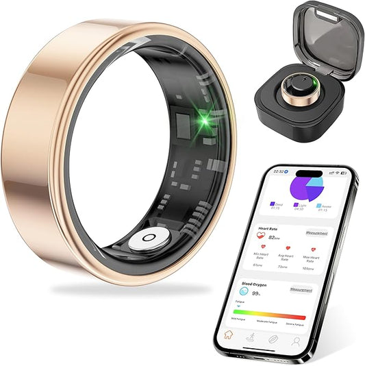 Thin Smart Ring for Fitness & Health Tracking -Pedometer,Sleep/Heart Rate/Blood Oxygen Monitor, Gesture Control / 5ATM Waterproof -No APP Subscription Compatible with Android& iOS (Rose Gold, 11)