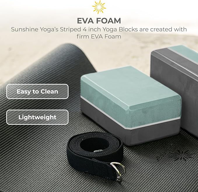 Sunshine Yoga 4" Striped Yoga Block, 6 Pack Bulk EVA Foam Yoga Blocks, Firm and Supportive Yoga Brick, Balance Foam for Stretching, Pilates, and Workout, 4" x 6" x 9"