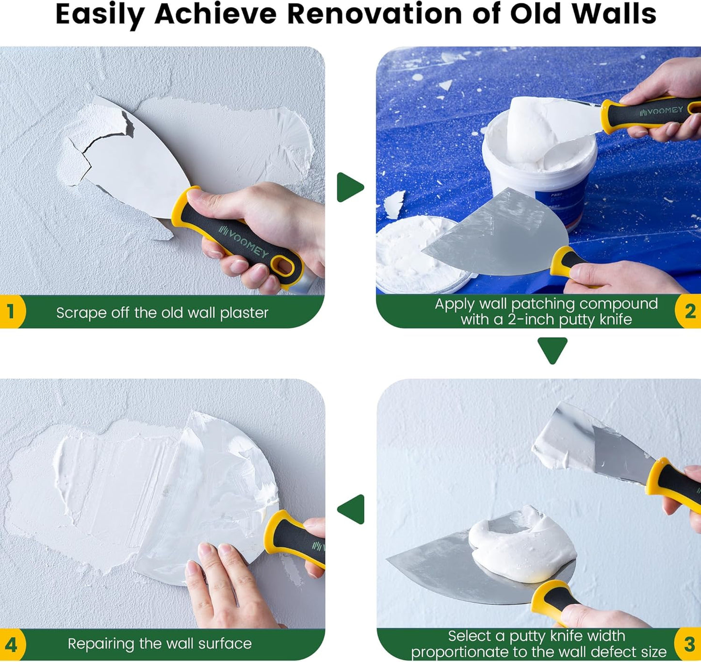 Voomey Putty Knife Set 3 Pack, Stainless Steel Paint Scraper and Spackle Knife Drywall Tools for Wallpaper Removal, Drywall Repair, and Painting Projects