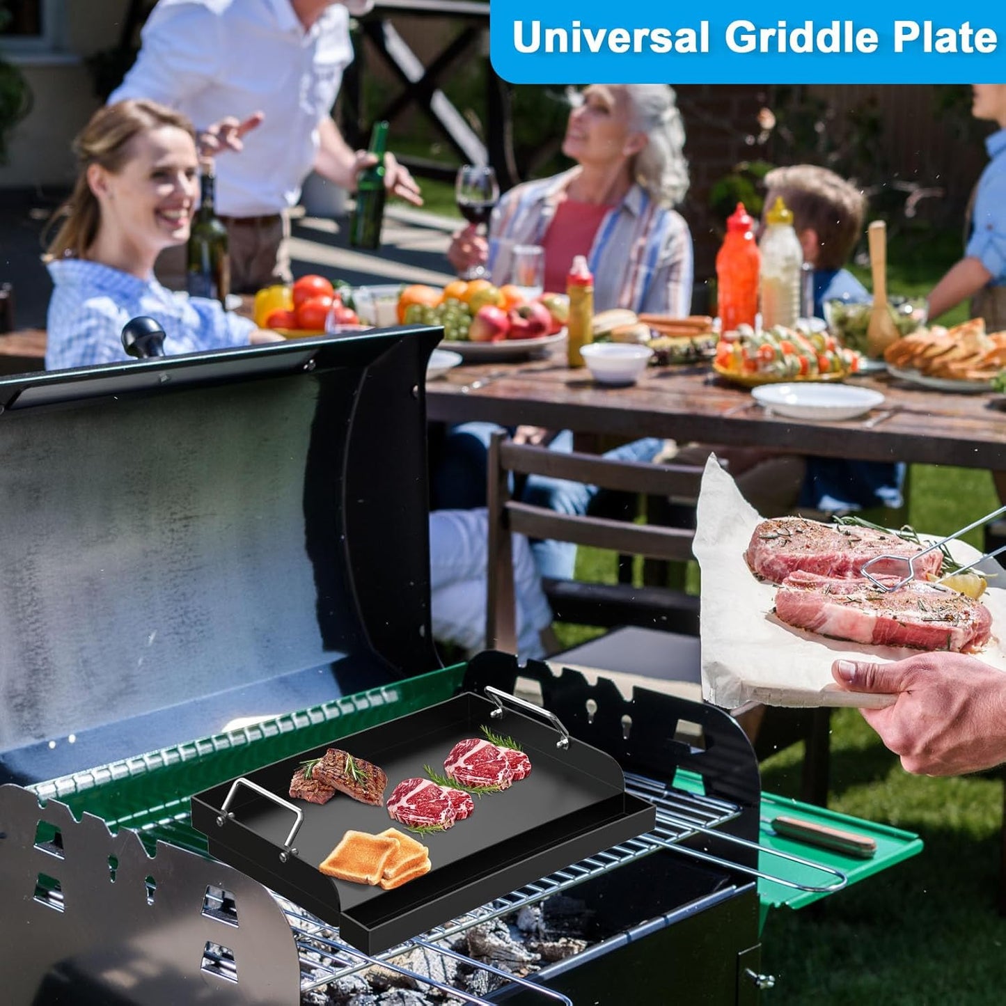 Nonstick Grill Griddle for Most Gas Grill 17" x 13" Universal Flat Top Cooking Plate Insert for Charcoal/Gas/Electric Oven with Grease Groove and Removable Handles
