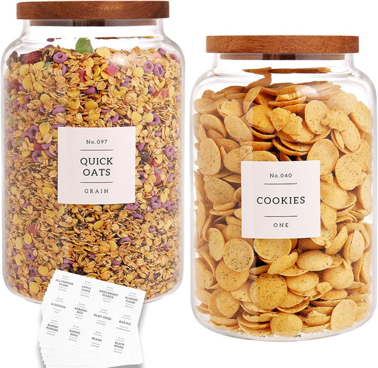 Set of 2 Large Glass Flour and Sugar Containers with 132 Pantry Labels - Glass Food Storage Jars with Airtight Bamboo Lid for Flour Pasta Candy Coffee Cookie and More(1 Gallon/4000 ml)