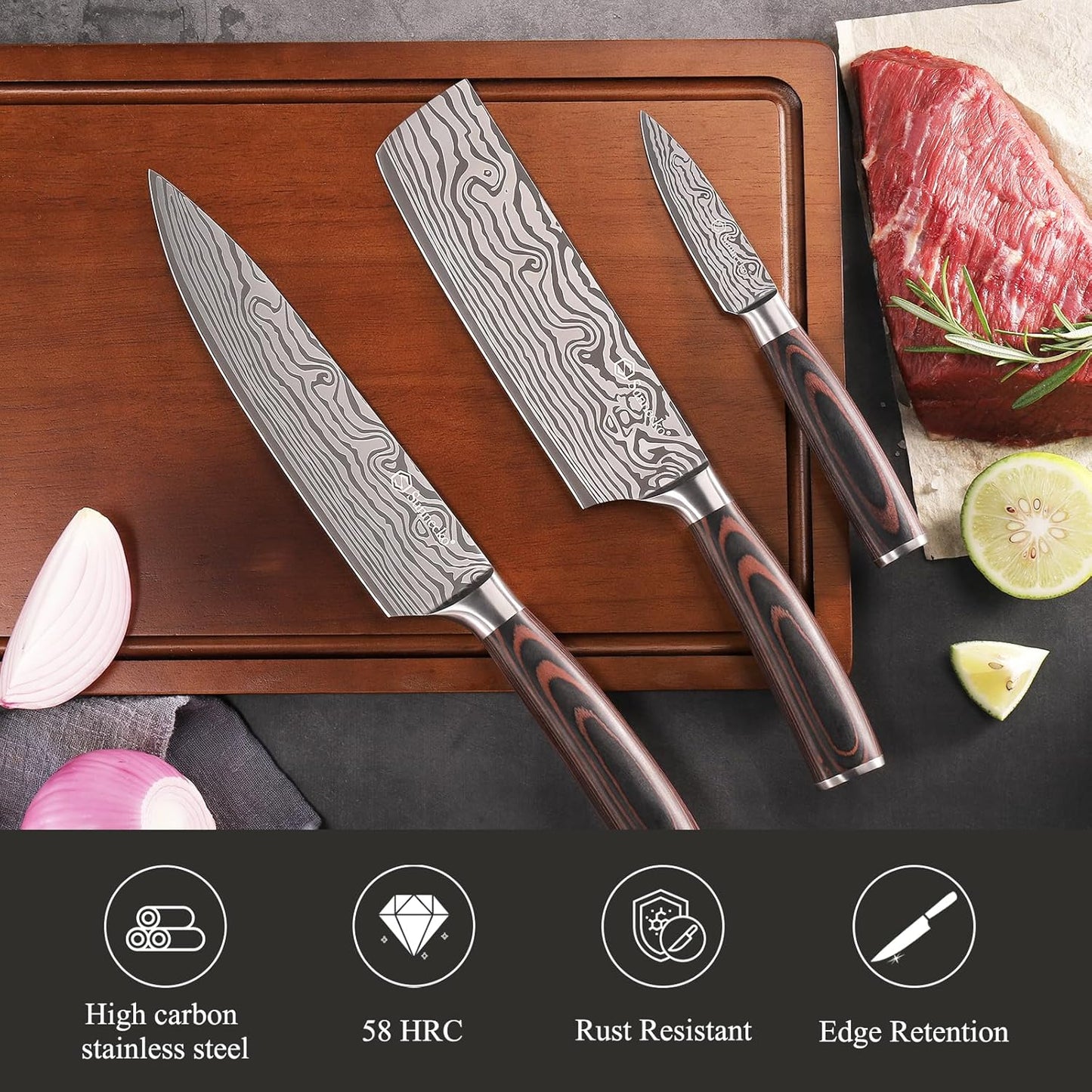 Sunnecko Kitchen Knife Set 3 Piece Chef Knife Set Professional High Carbon Stainless Steel, Sharp Kitchen Knives with Wooden Handle