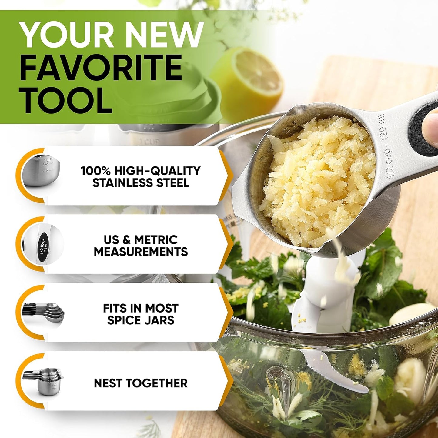 Spring Chef Magnetic Measuring Cups & Spoons Set (Patent Pending), Strong N45 Magnets, Heavy Duty Stainless Steel Fits in Spice Jars for Baking & Cooking, BPA Free, Round Set of 9, Black