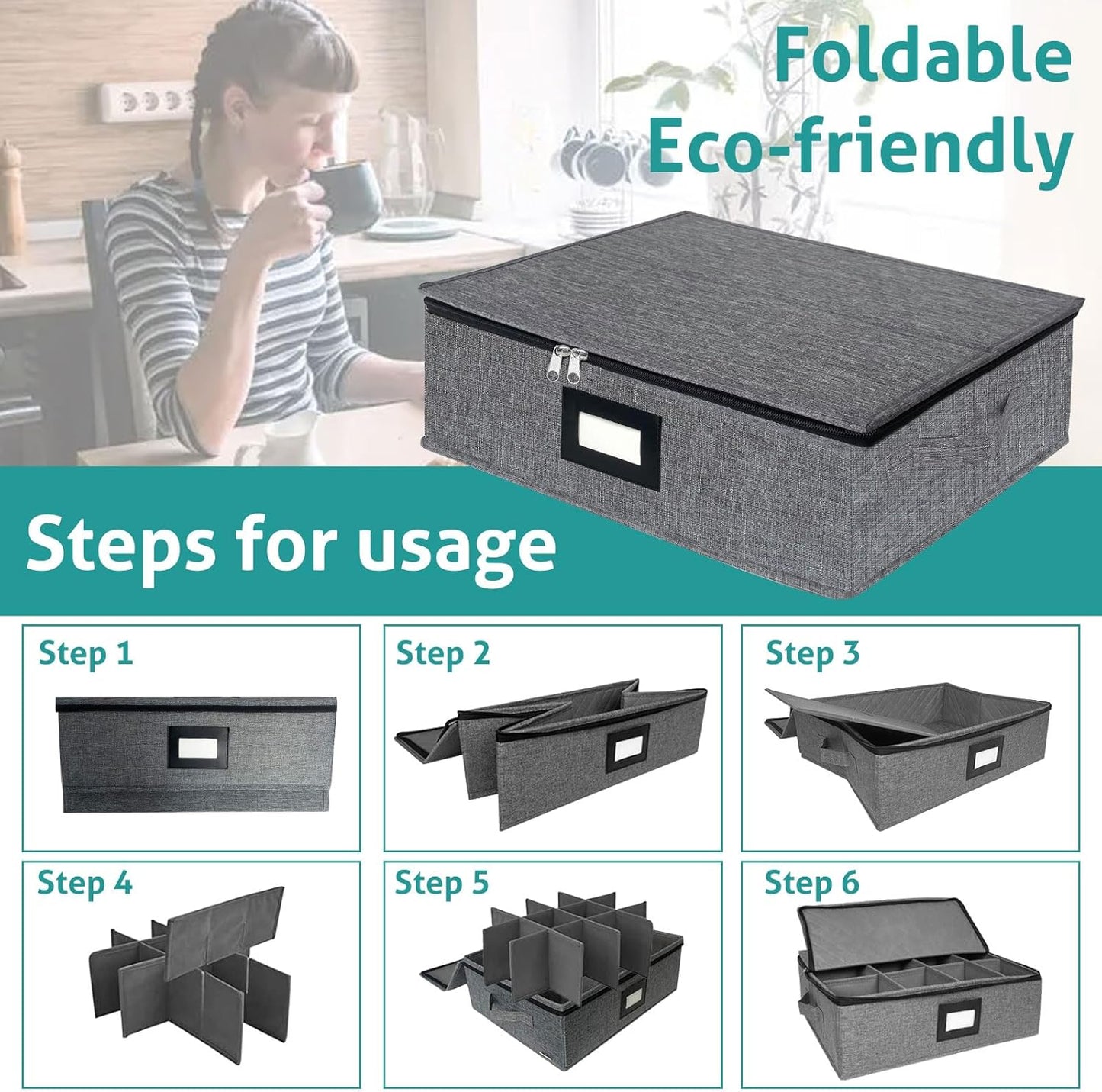 VERONLY Mug and Cup Storage Box with Dividers, Coffee Mug Storage Case China Storage Containers Hard Shell with Lid and Handles, Stackable for 12 Coffee Mugs, Tea Cups, Moving & Packing (Dark Grey)