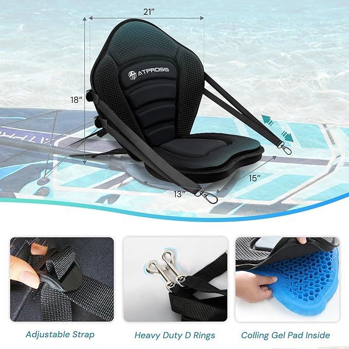 Standard Padded Kayak Canoe Seat Adjustable Backrest with 4 Straps Durable Sit-On-Top Cushion for Kayaking, Rafting & Fishing