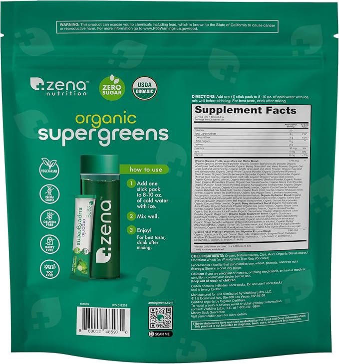 Zena Nutrition Organic Super Greens Powder, 70+ Superfoods, 0 Sugar, 3G Fiber, Spirulina, Chlorella, Antioxidants, Prebiotics/Probiotics, Digestive Enzymes, Green Apple, 30 Drink Mix Packets