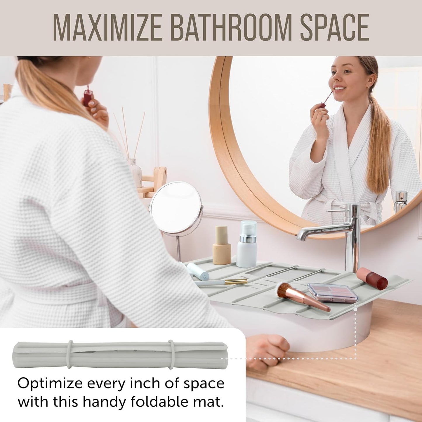 Maplefield Travel Size Bathroom Sink Cover for Counter Space - Foldable Silicone Sink Mat for Beauty Routine, Ideal for Small Bathroom, RVs, Camper Vans (Taupe Small, 19.5 x 15.5 x 1.6 Inches)