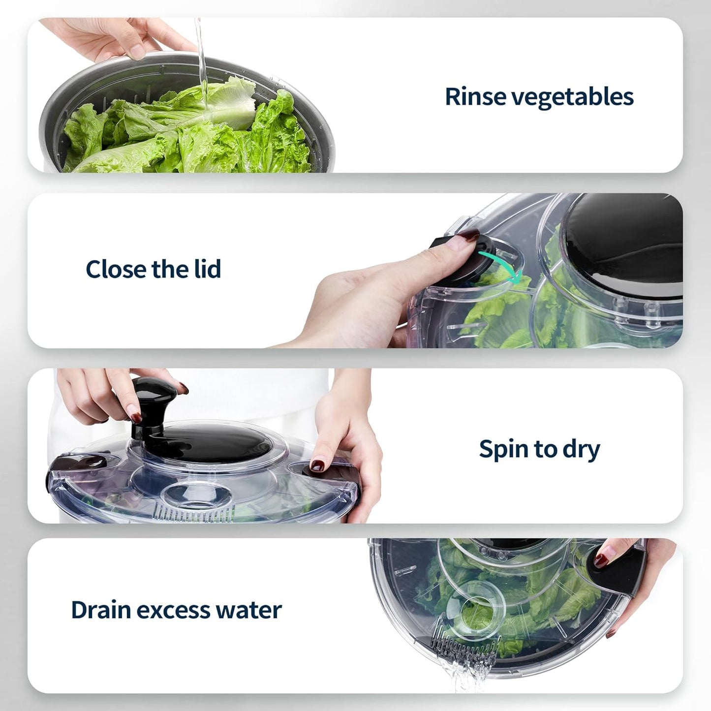 Stainless Steel Salad Spinner, 4.2 Qt Vegetable Washer, BPA-Free Lettuce Dryer with Crank Design, Dishwasher Safe, Non-Slip Base - Transparent Lid