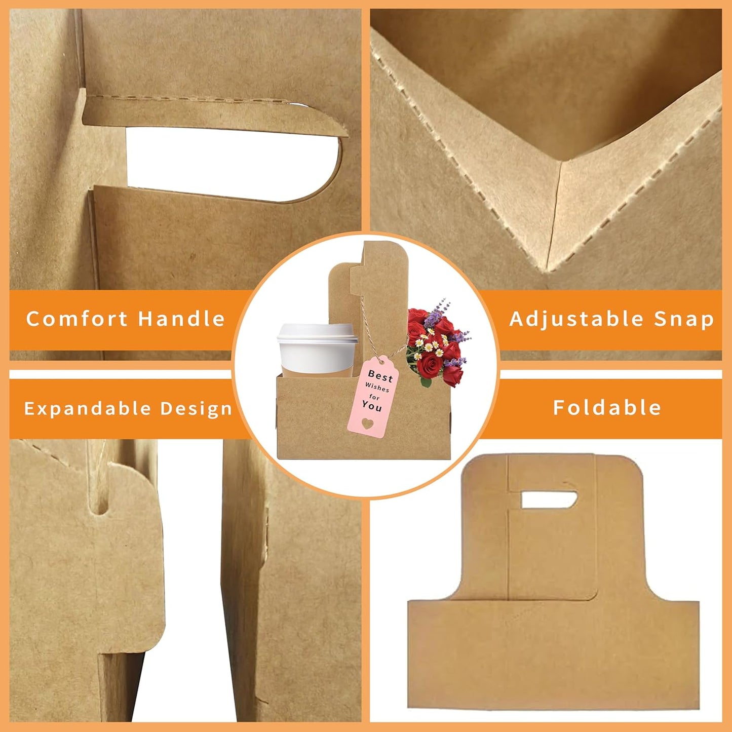 2 Cup Drink Carrier,32 Pack Coffee Cup Holders with Handle,Cardboard Cup Holders for Hot or Cold Drinks,Coffee Carrier with Ribbon and Card,Food Delivery Services and Bouquet(Kraft)