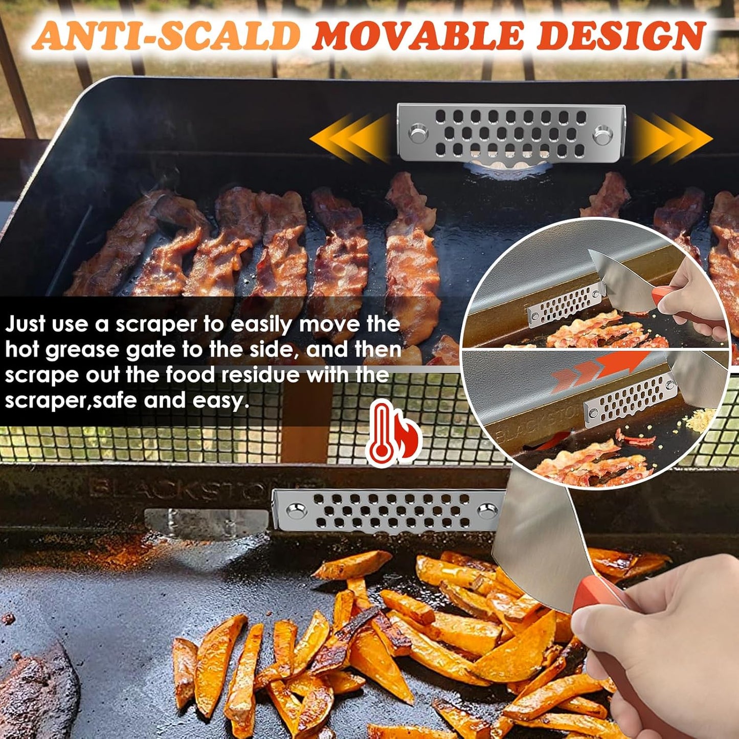 Upgraded Movable Grease Gate for Blackstone Griddle Guard,Block Food from Falling into Rear Grease Trap,Compatible with Blackstone Grill Accessories,Stainless Steel & Magnetic Design,Heat-Resistant