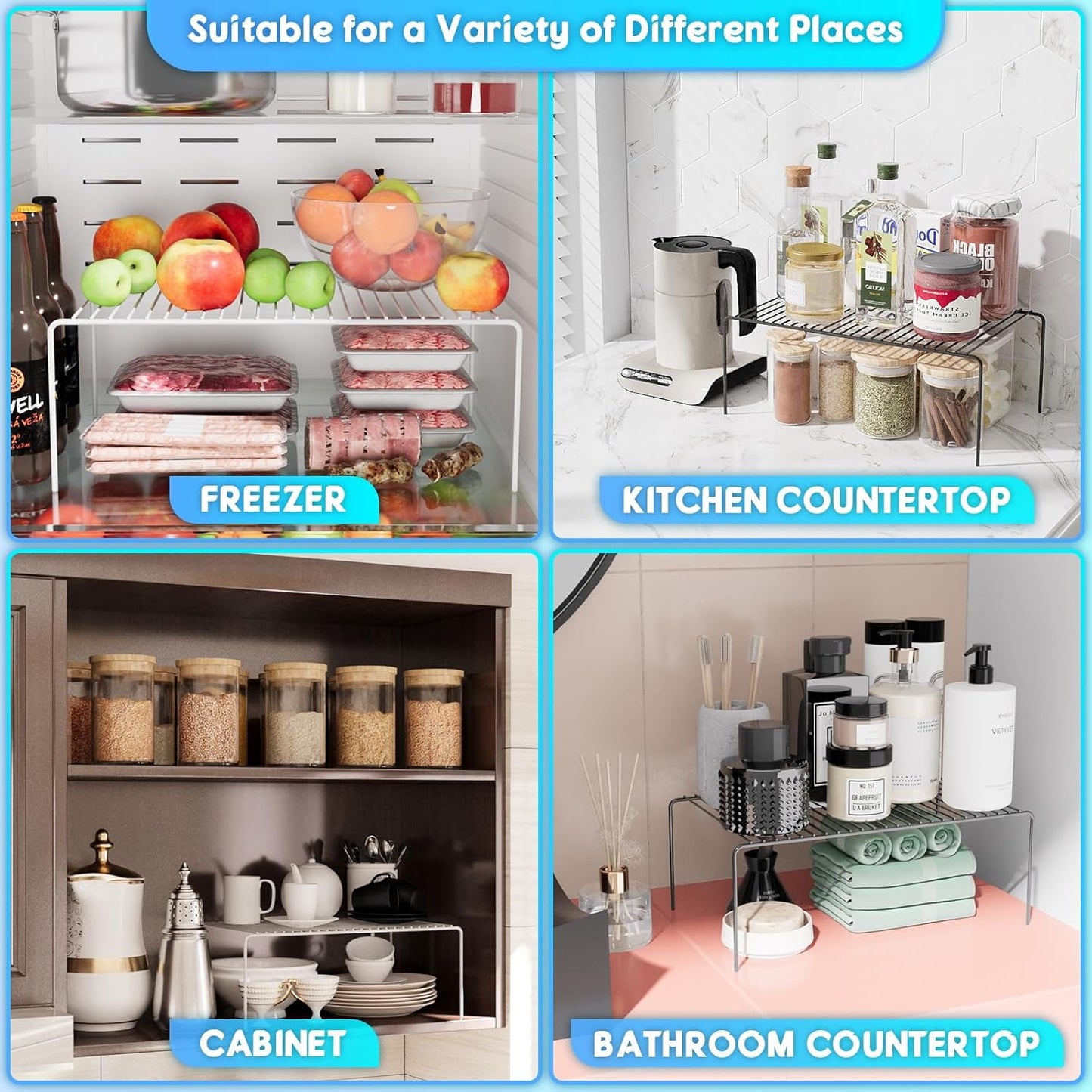 Medium(13 x 9.4 inch)Black Cabinet Storage Shelf Rack Set of 6, Rustproof Metal Wire Kitchen Counter Organizers and Storage, Spice Organization for Cabinet, Plate, Dish, Pantry, Bathroom, Fridge