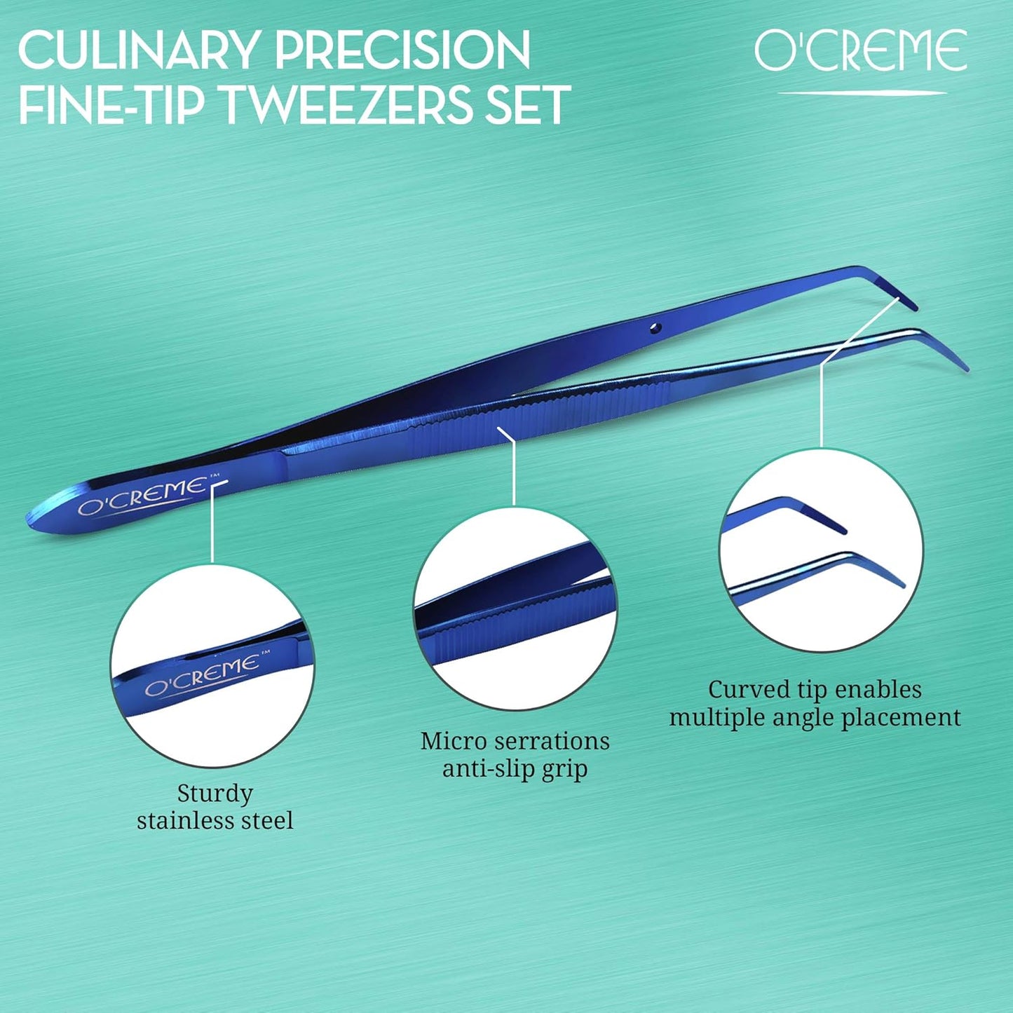 O'Creme Curved Tweezers 6.25 Inch Fine-Point Stainless Steel, Blue
