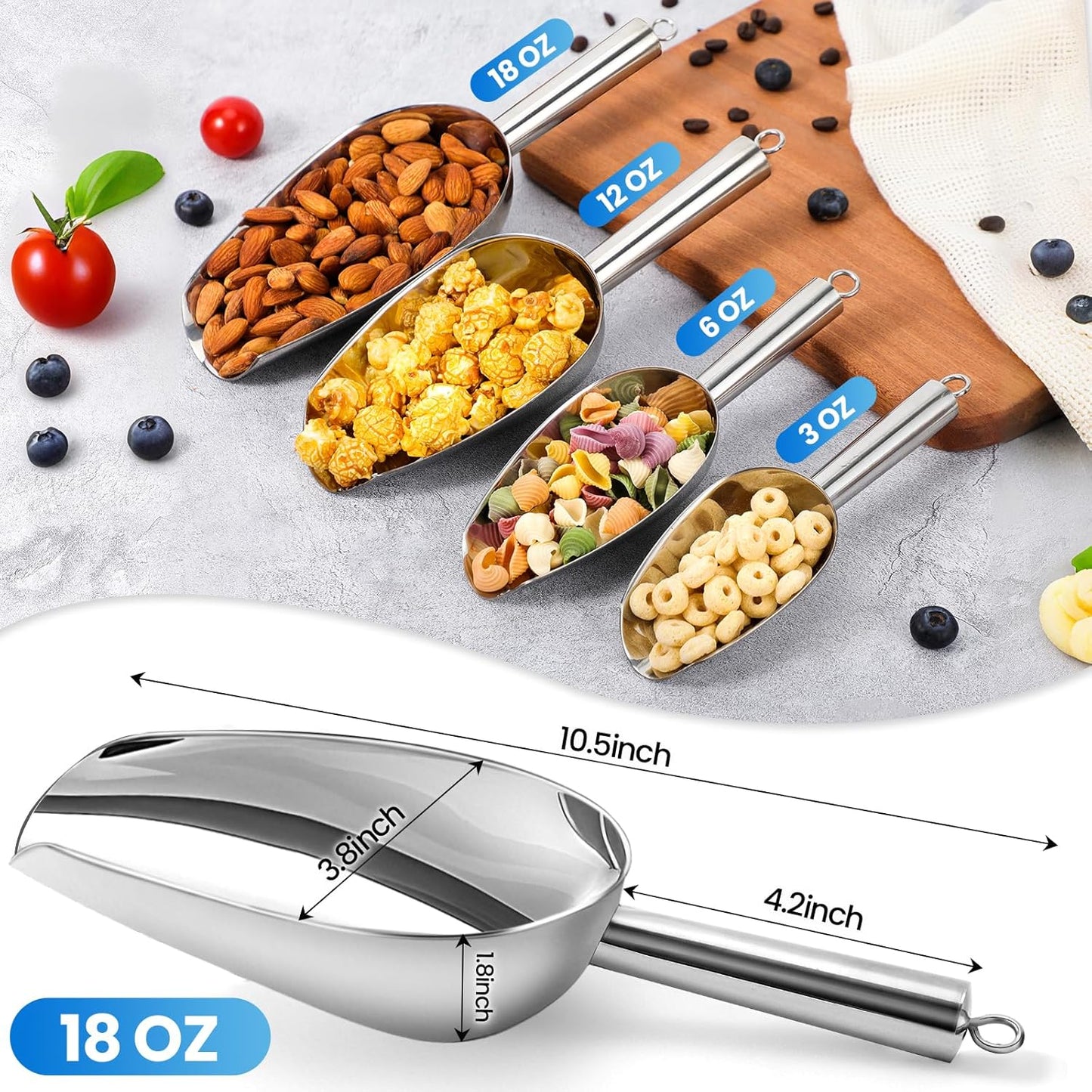 18oz Stainless Steel Ice Scoop for Freezer – Dishwasher Safe Metal Scooper with Long Handle for Ice Machines, Buckets, Dog Food, Flour, and Canisters – Ideal for Bar, Parties & Weddings