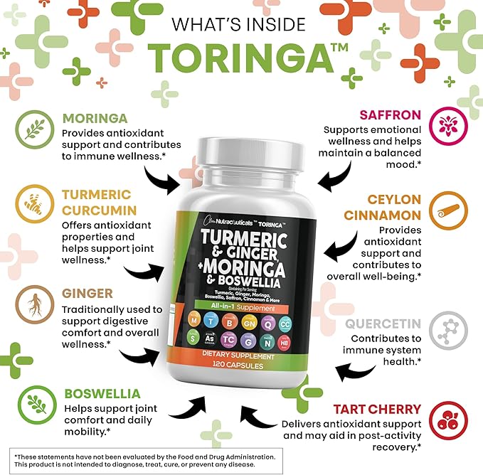 Turmeric Moringa Supplement | Ginger Boswellia Saffron - Supplement for Women and Men with Ceylon Cinnamon, Tart Cherry, Quercetin Garlic Nettle Holy Basil - 3Pack