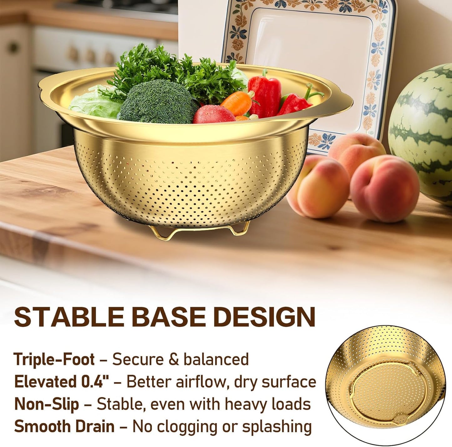 Stainless Steel Strainers for Kitchen, Stainless Steel Colander, Kitchen Strainer for Pasta Fruits Vegetables, 3 Pack Strainers and Colanders(2QT, 3QT, 5QT), Rust-Proof & Dishwasher Safe, Gold